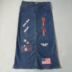 Neeso Jeans New York Denim Maxi Skirt Blue Embroidered Graphic Americana Size 15